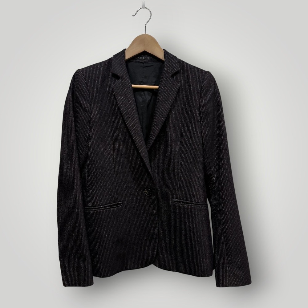 Theory Gabrielle Zeno Pinstripe Virgin Wool Blazer Black Charcoal Womens‎ Size 4